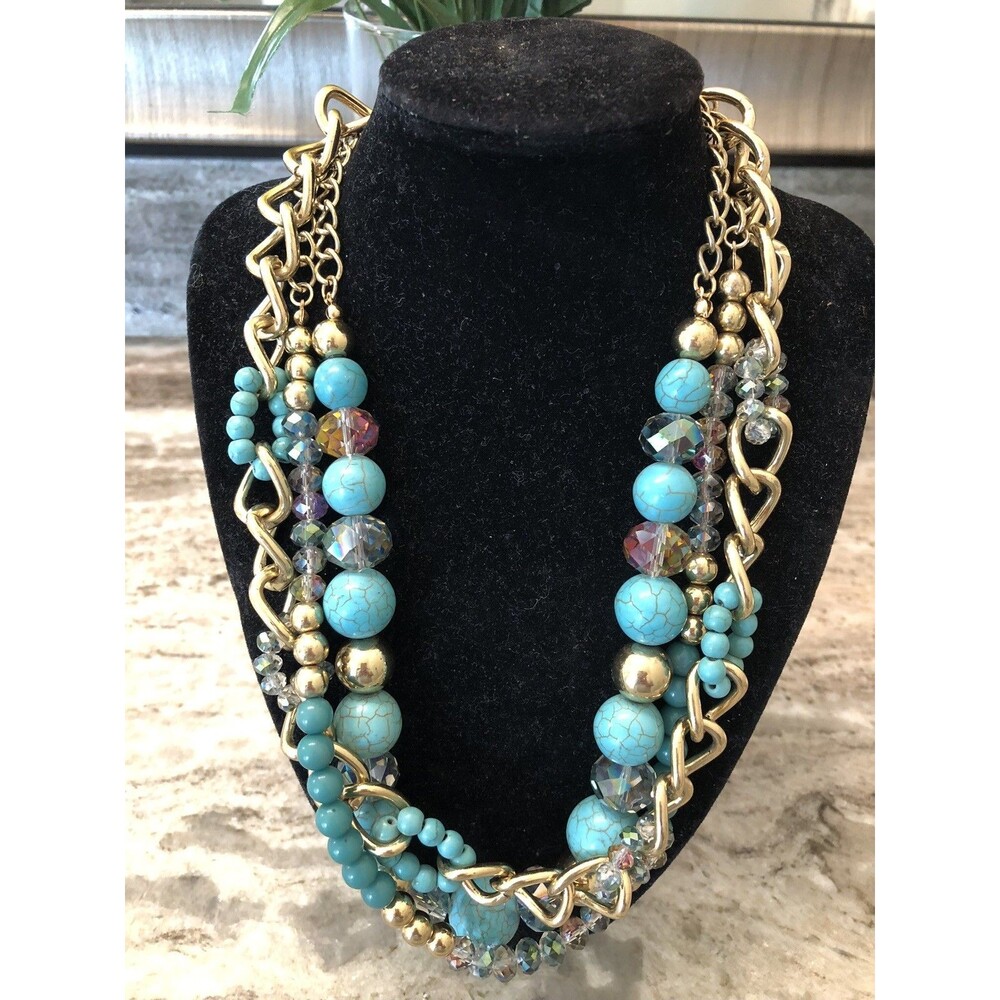 Turquoise Colored with Clear Faceted Beads Gold Tone Chain Multi Strand Necklace